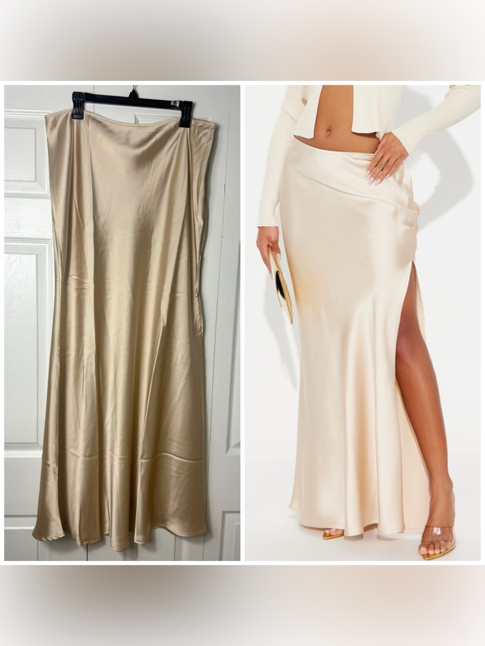 Fashion Nova Champagne Beige Satin Maxi Skirt Size 1X High Slit Side Zip